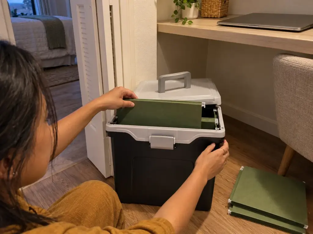Hands sliding a hanging folder into a portable file tote on a closet floor at the end of the workday
