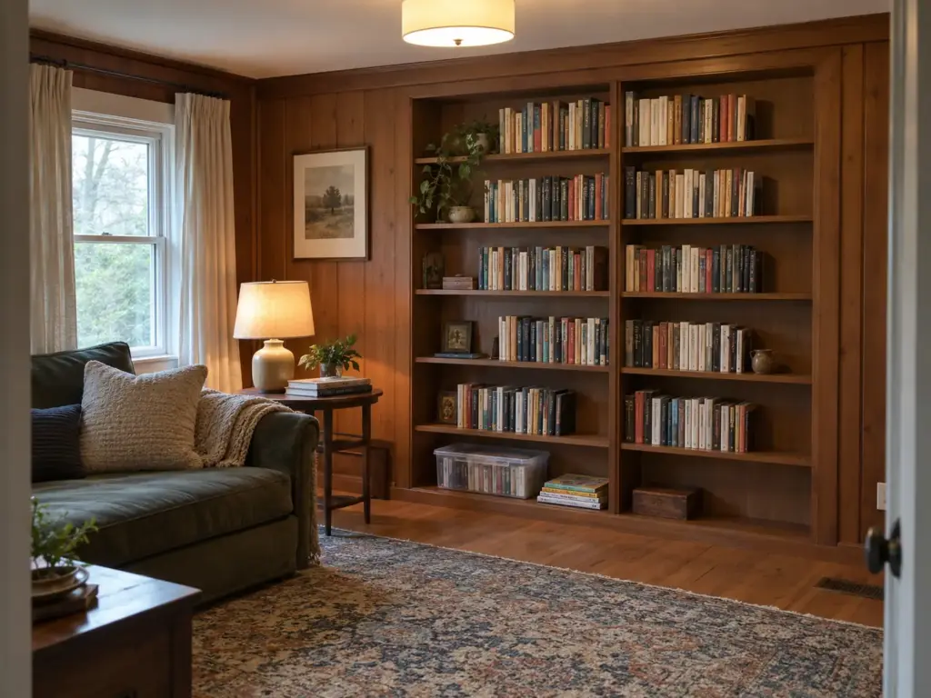 A built-in bookcase with gaps left on each shelf, a lit lamp and two library books on the side table beside it