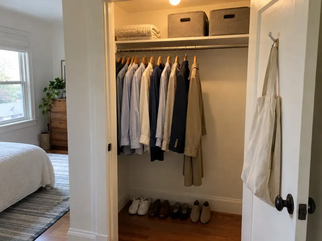 A closet rod with a few shirts and a coat spaced apart and an empty stretch of bare rod at one end