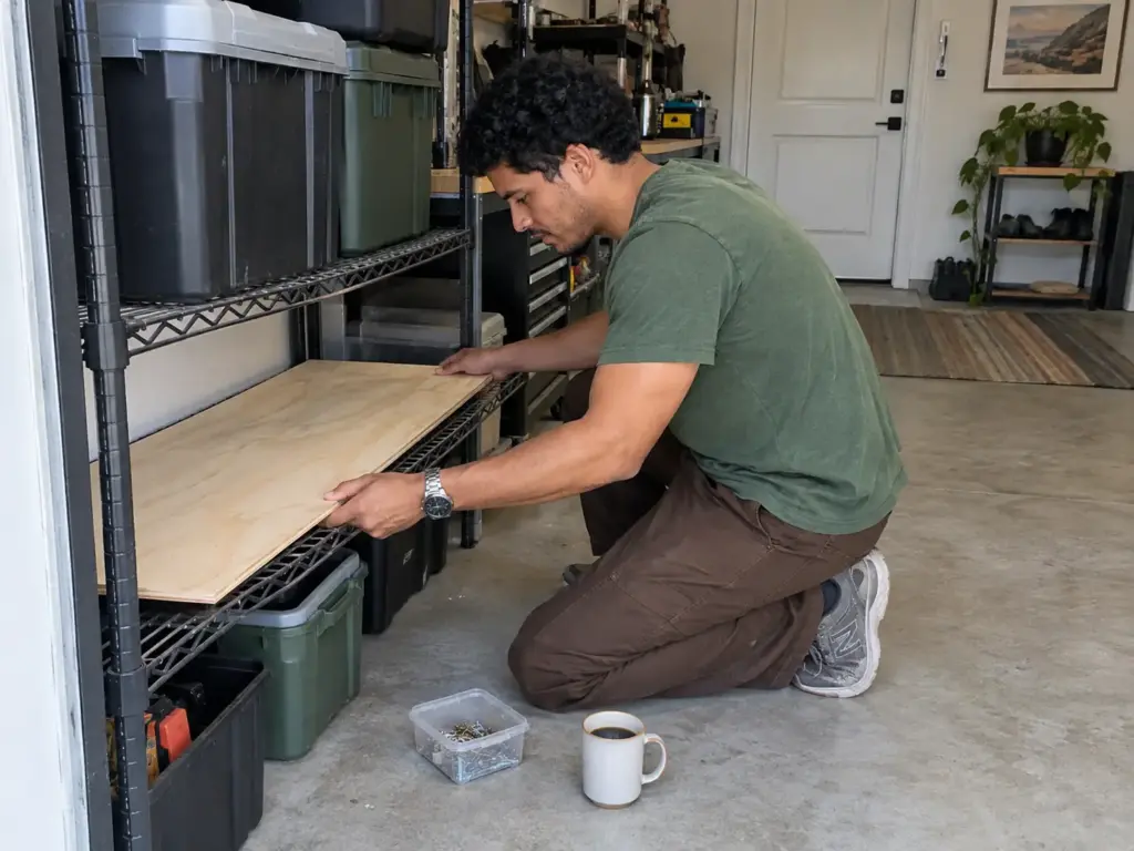 Best Garage Storage Systems by What You Actually Store 14 Man kneeling to lay a cut plywood panel over an open wire garage shelf so small parts stop falling through