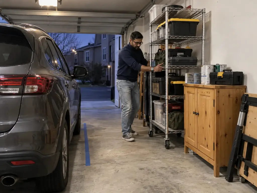 Car Still Has to Fit? Small Garage Organization Tips 9 A man rolls a wheeled steel shelf along a garage wall past a used wooden cabinet and a folding workbench