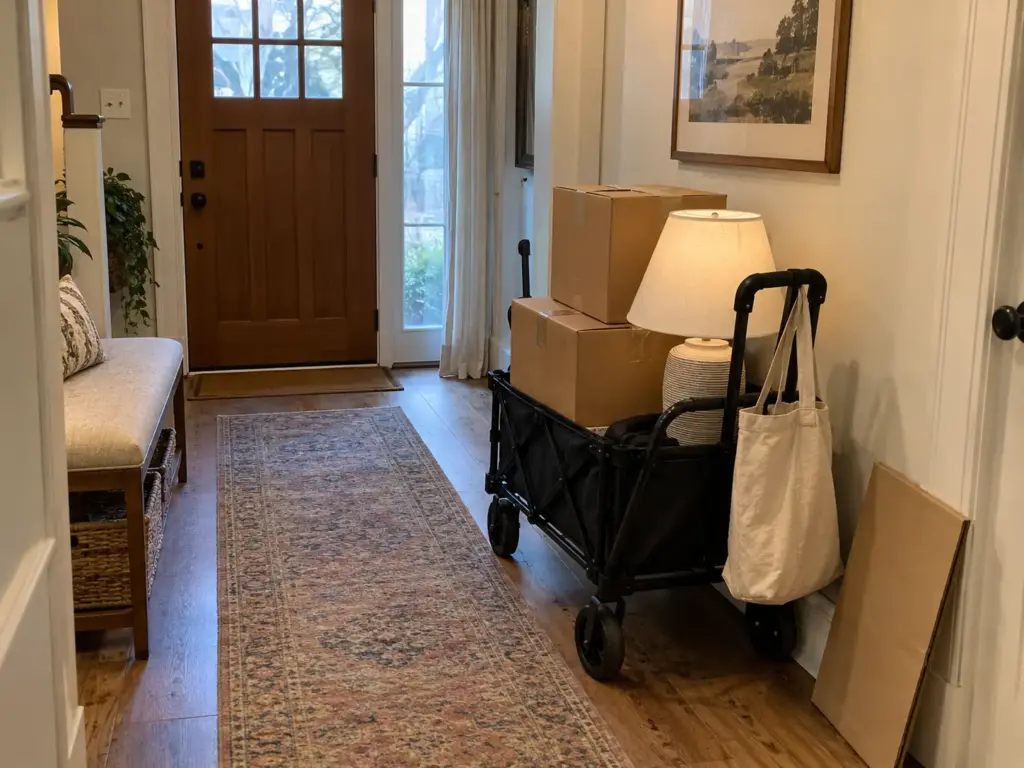 A folding wheeled cart loaded with two taped boxes and a lamp stands by the front door, ready for a hand-off with no car