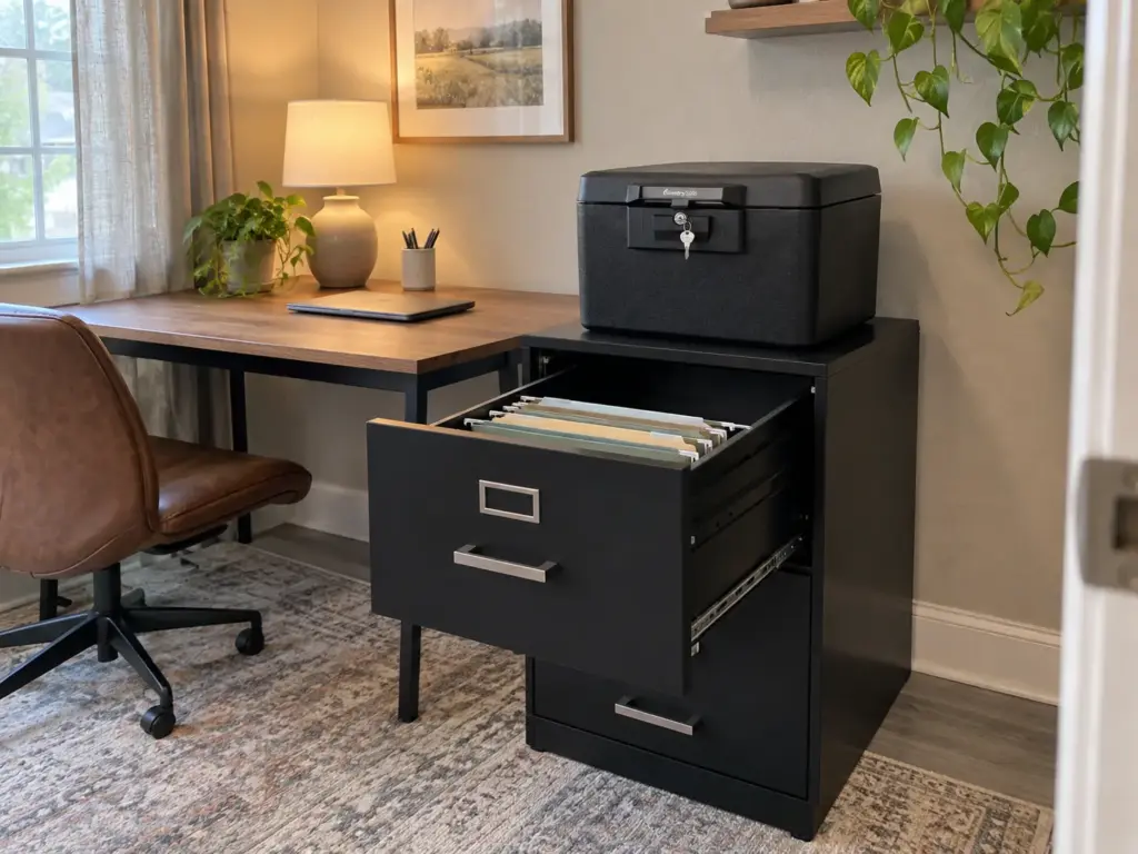 Why Going Paperless at Home Fails and How to Make It Stick 10 A two-drawer filing cabinet with its top drawer open and nearly empty, a fireproof document box sitting on top