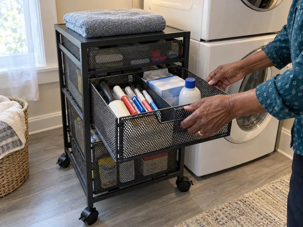 A woman's hands open the middle drawer of a rolling utility cart holding a laundry kit in a laundry nook