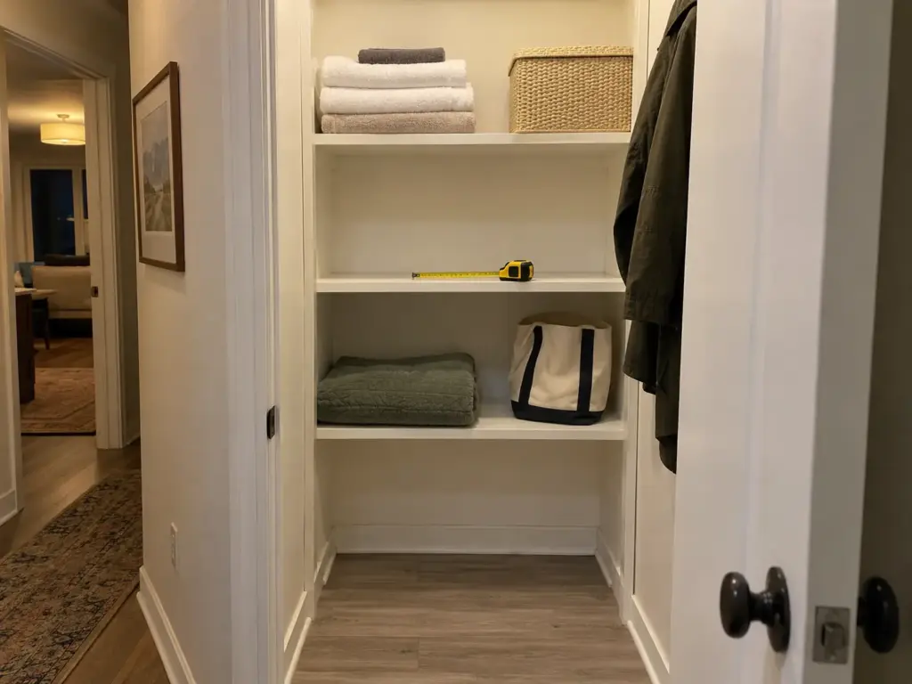 An open closet shelf left mostly bare after decluttering, with a yellow tape measure resting on the empty space