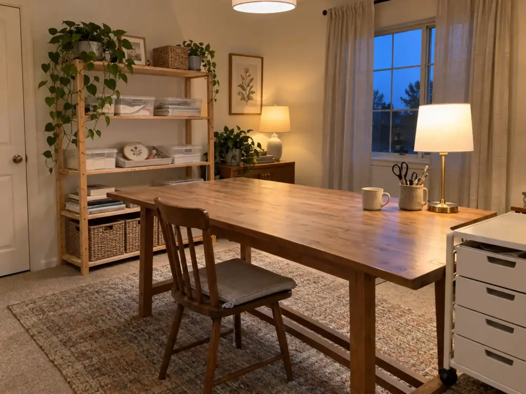 Cleared craft room work table in the evening with one project tray set on the shelf beside it and a lamp lit