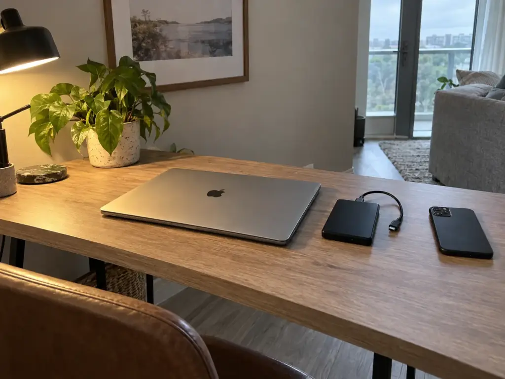 A closed silver laptop with a small external hard drive and a phone face-down on a desk