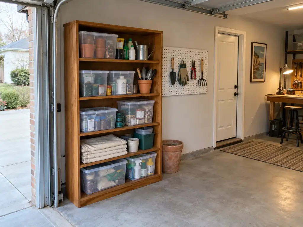 Old wooden bookcase reused in a garage to hold lidded bins of garden supplies beside a short pegboard strip with hooks