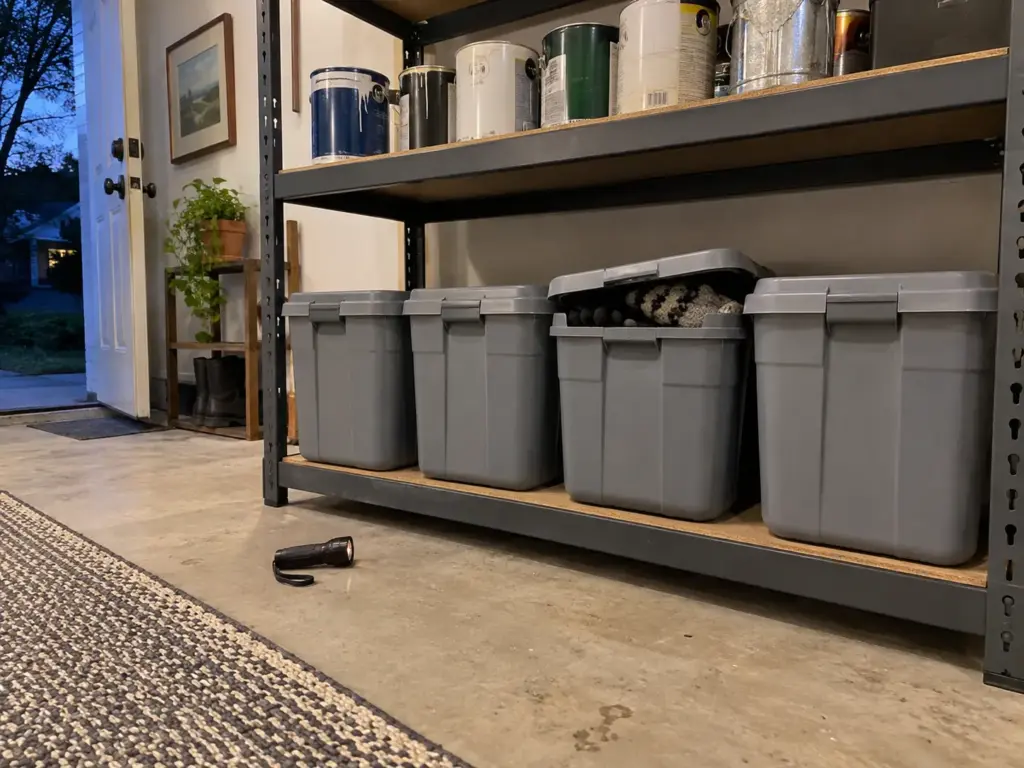 Best Garage Storage Systems by What You Actually Store 15 Sealed plastic totes on the lowest garage shelf, one lid slightly ajar, ready for a routine recheck