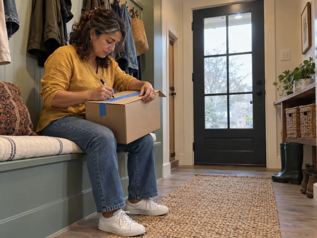 A woman on the mudroom bench presses a strip of blue painter's tape across a box lid to set a fallback date for leftovers
