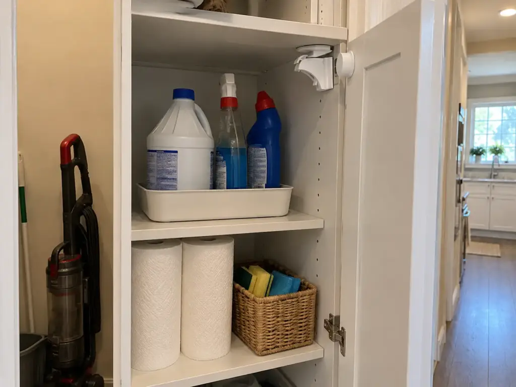 An upper utility closet cabinet with its door open, a magnetic child lock on the door and cleaners on the top shelf