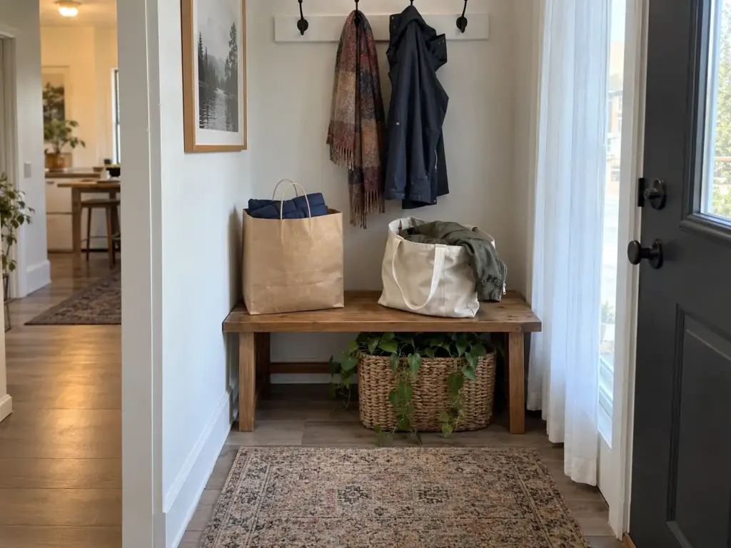 A new jacket in a paper shopping bag sits on an entry bench beside a canvas tote holding the old jacket it replaces