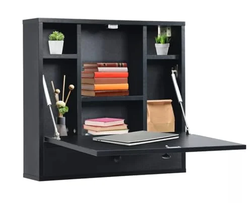 Wall Mount Floating Desk Foldable with Storage Drawer and Shelves, Black