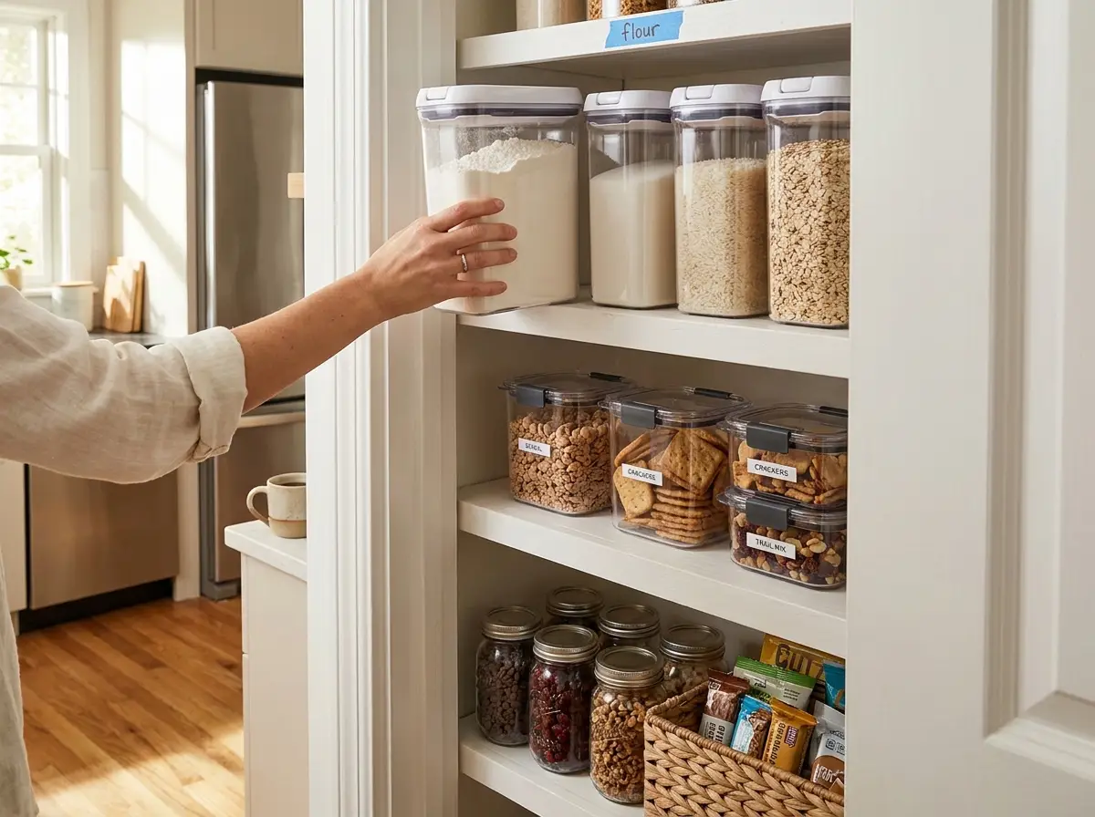 Pantry Containers That Work — What to Store in What Organized pantry shelf with airtight food storage containers holding flour sugar cereal and pasta