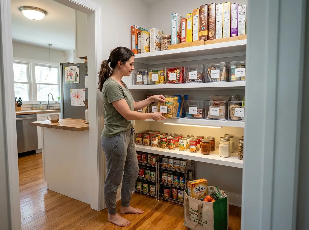 7 Deep Pantry Fixes That Work Past the First Week Deep pantry shelves organized with clear bins and LED lighting showing full depth access