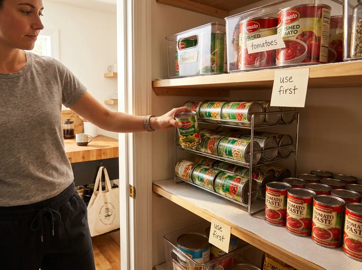 How to Organize Canned Goods So Nothing Expires Organized pantry shelf with canned goods sorted by size in tiered rack and bins
