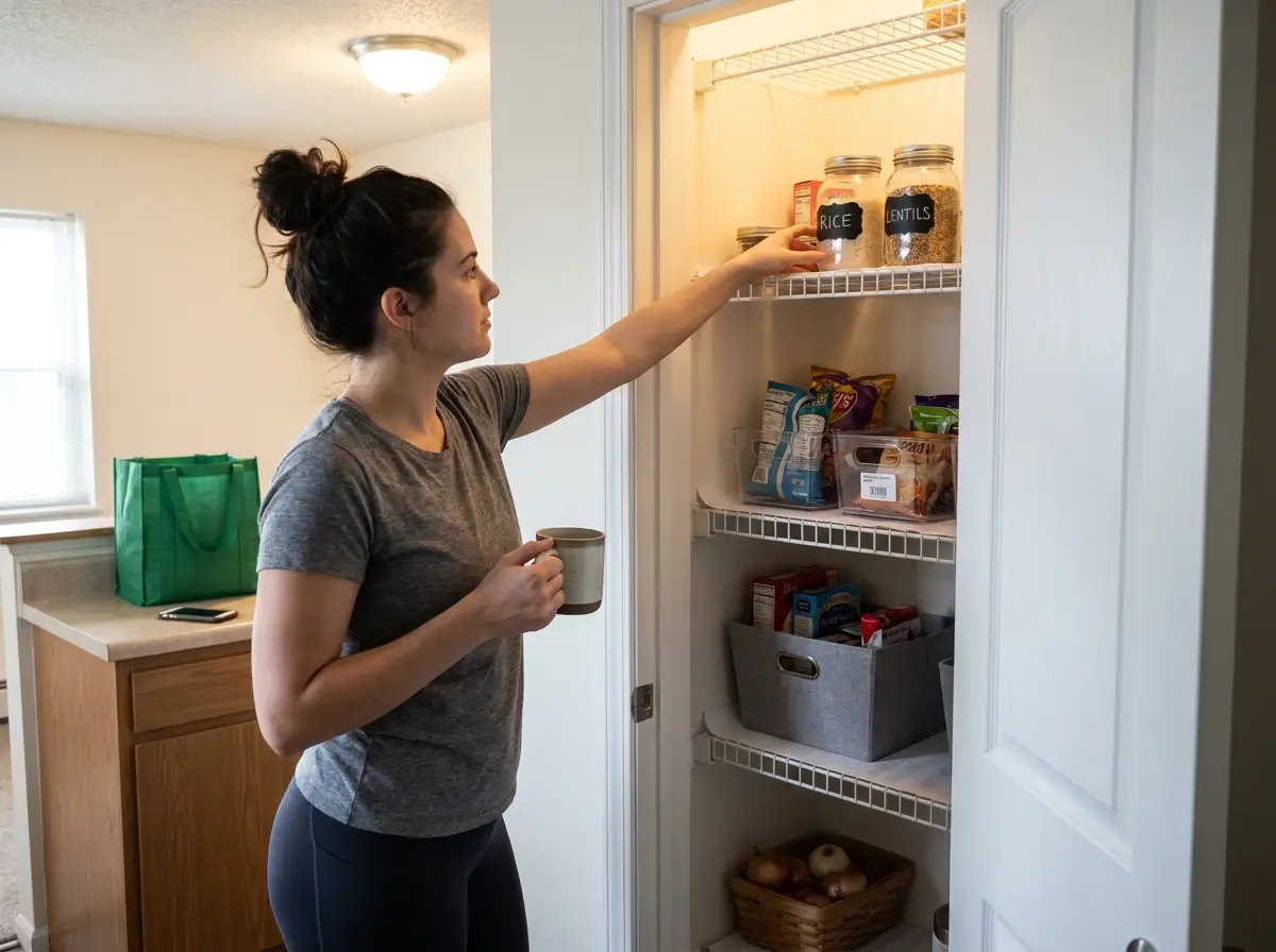 I Organized My Pantry for $12 and It Still Works Budget pantry organization with dollar store bins and repurposed jars on wire shelves