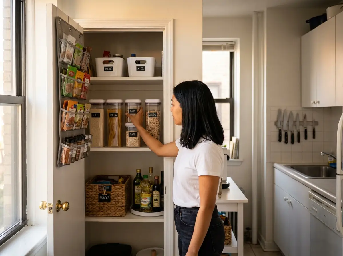 How to Organize a Small Pantry With Limited Shelves Small organized reach-in pantry closet with clear bins and labeled shelves in an apartment kitchen
