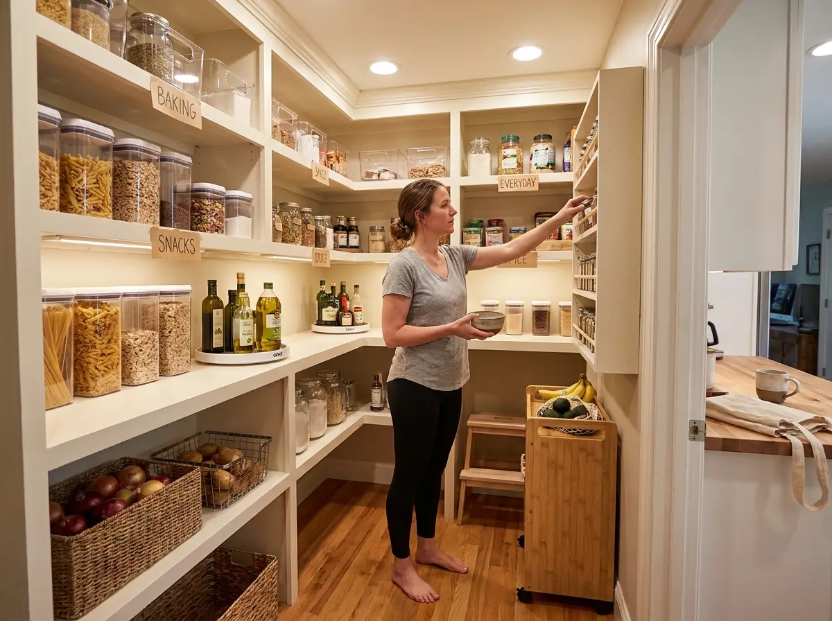 Walk-In Pantry Organization Ideas for Every Shape Organized walk-in pantry with labeled zones, clear bins, and turntable on deep shelves